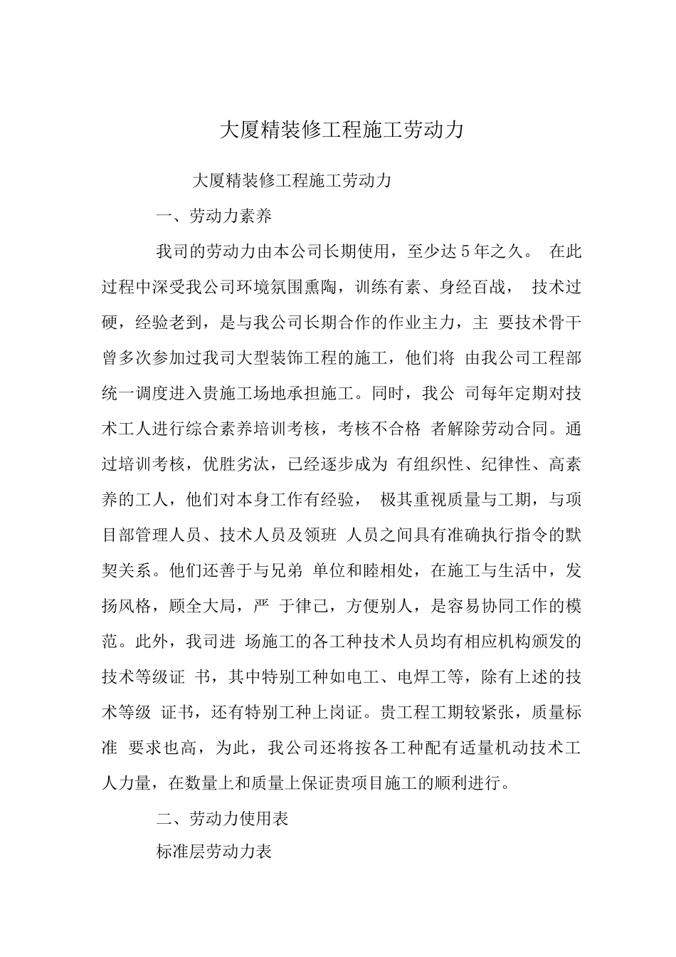 大厦精装修工程施工劳动力计划_第1页