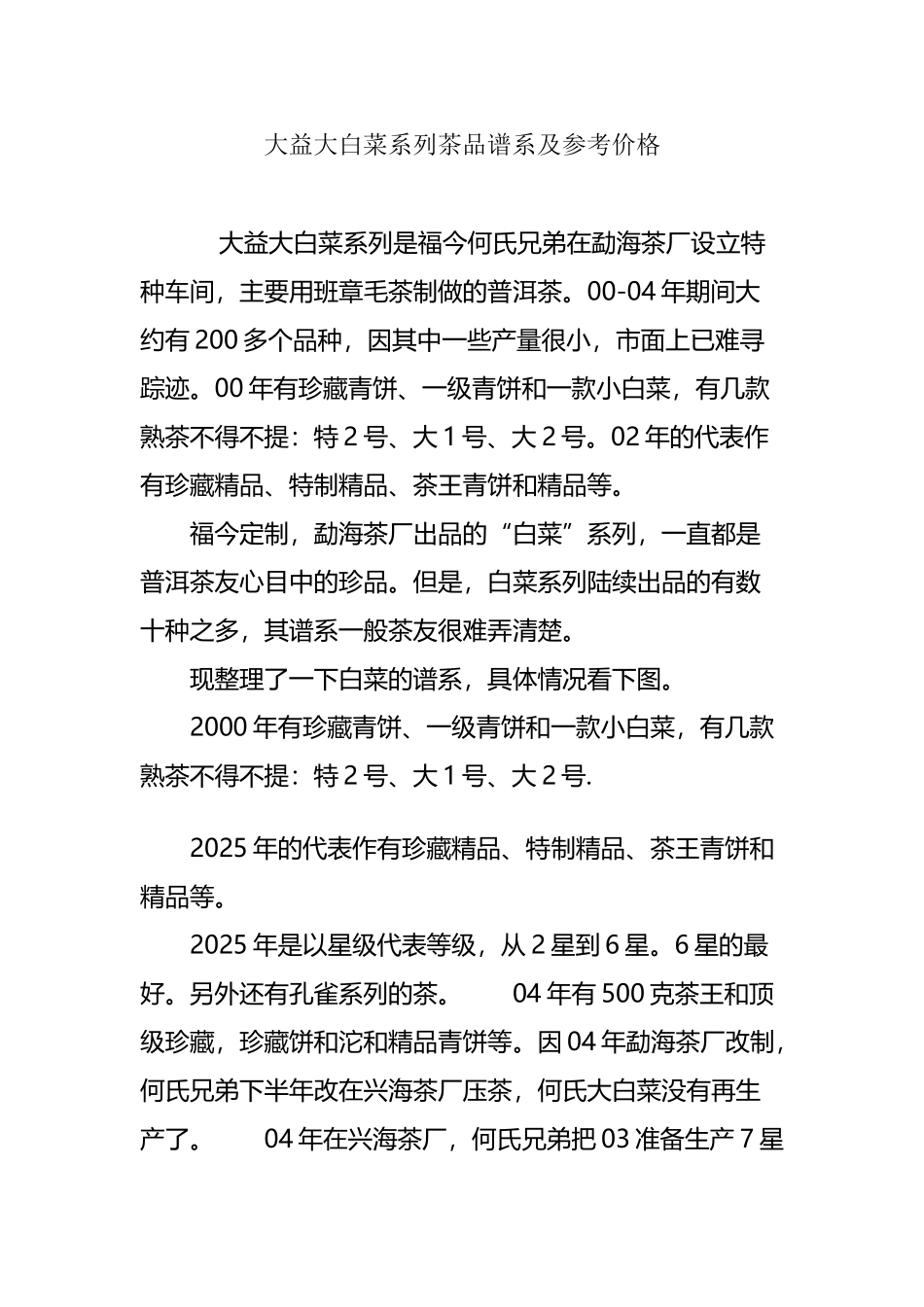 大益大白菜系列茶品谱系及参考价格_第2页