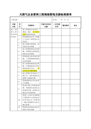 天然气企业管网工程现场管线交接标准清单式样