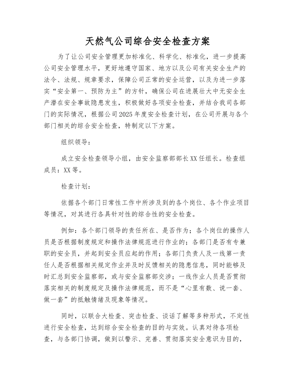 天然气公司综合安全检查方案_第1页