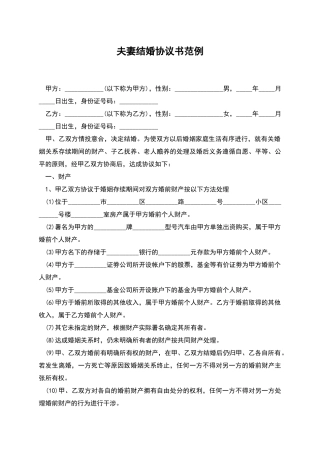 夫妻结婚协议书范例