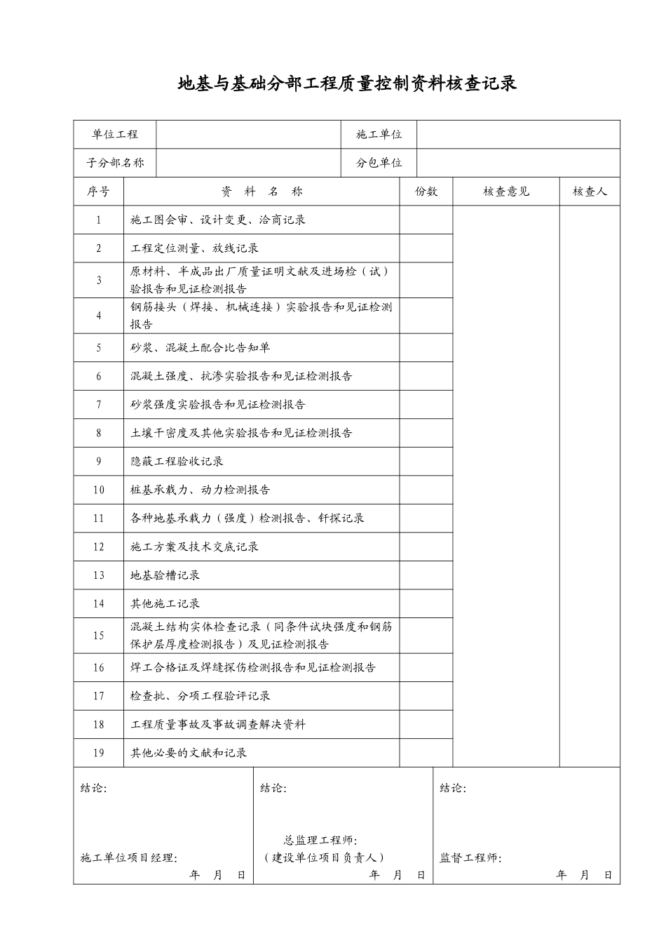 子分部工程质量控制资料核查记录_第1页