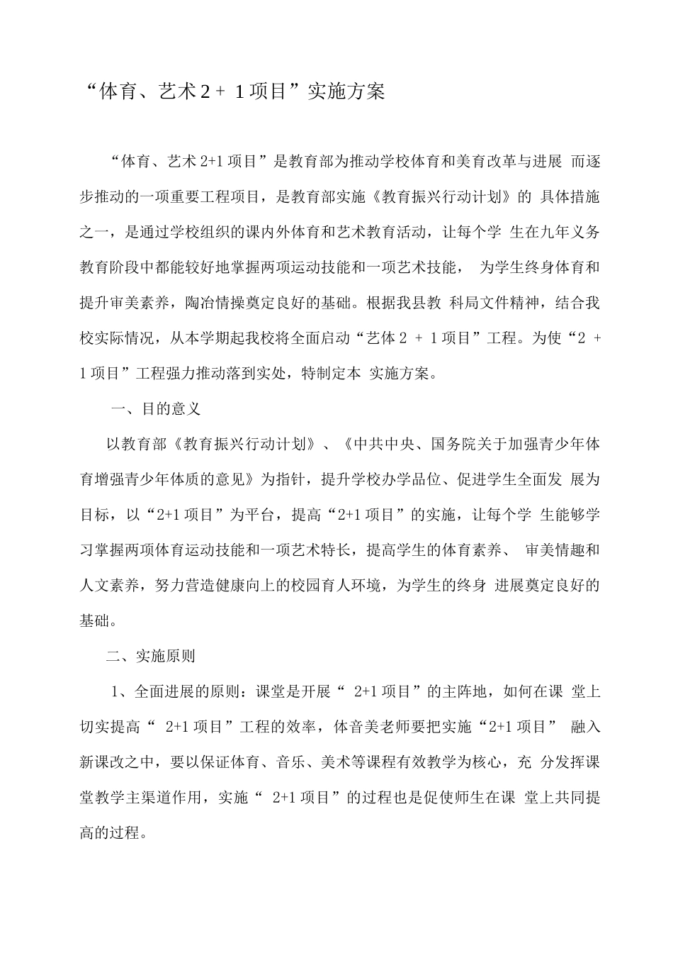 学校体育、艺术21项目实施方案_第1页