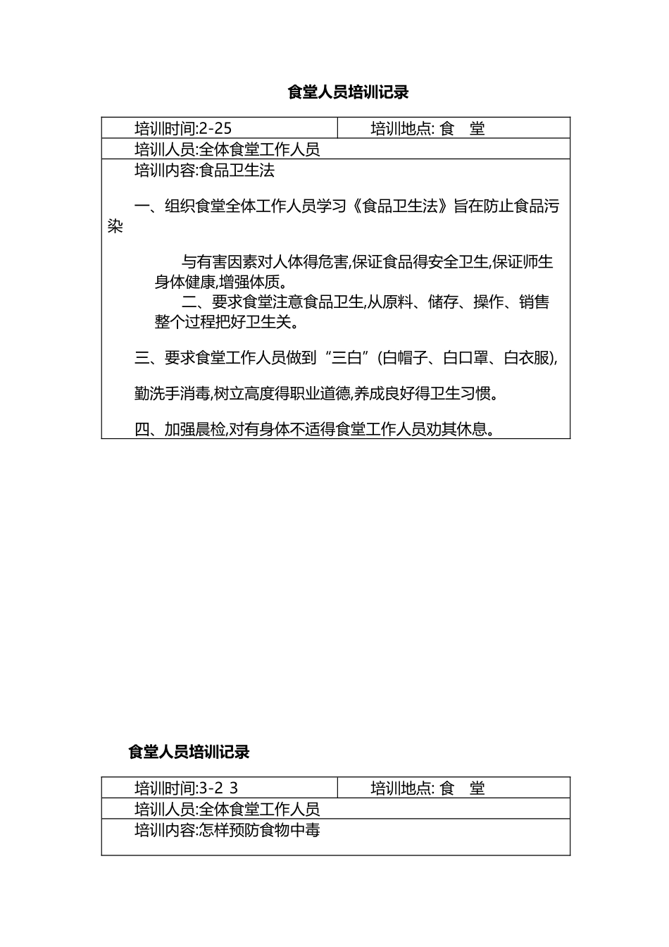 学校食堂工作人员培训记录_第1页