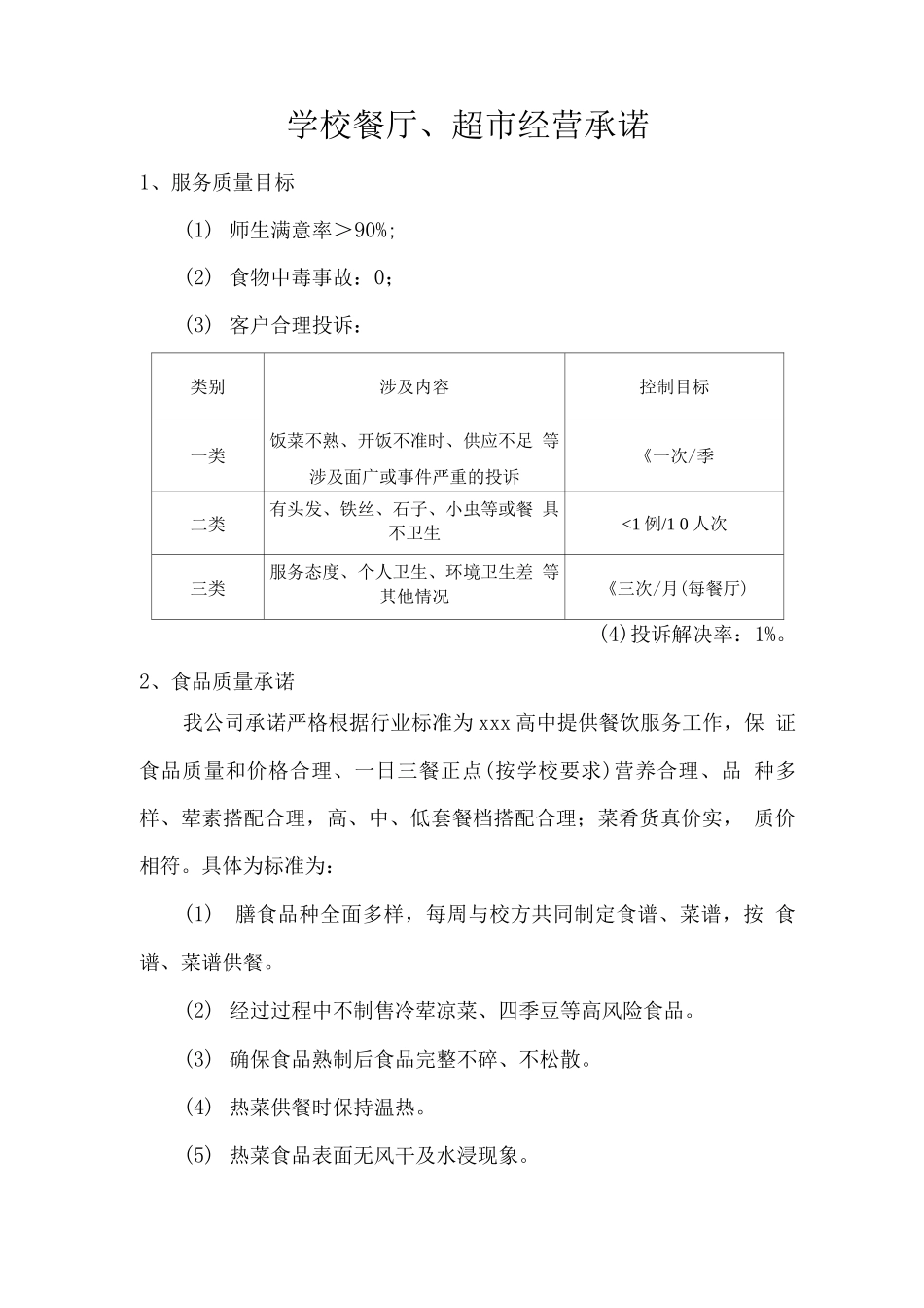 学校餐厅、超市经营承诺_第1页
