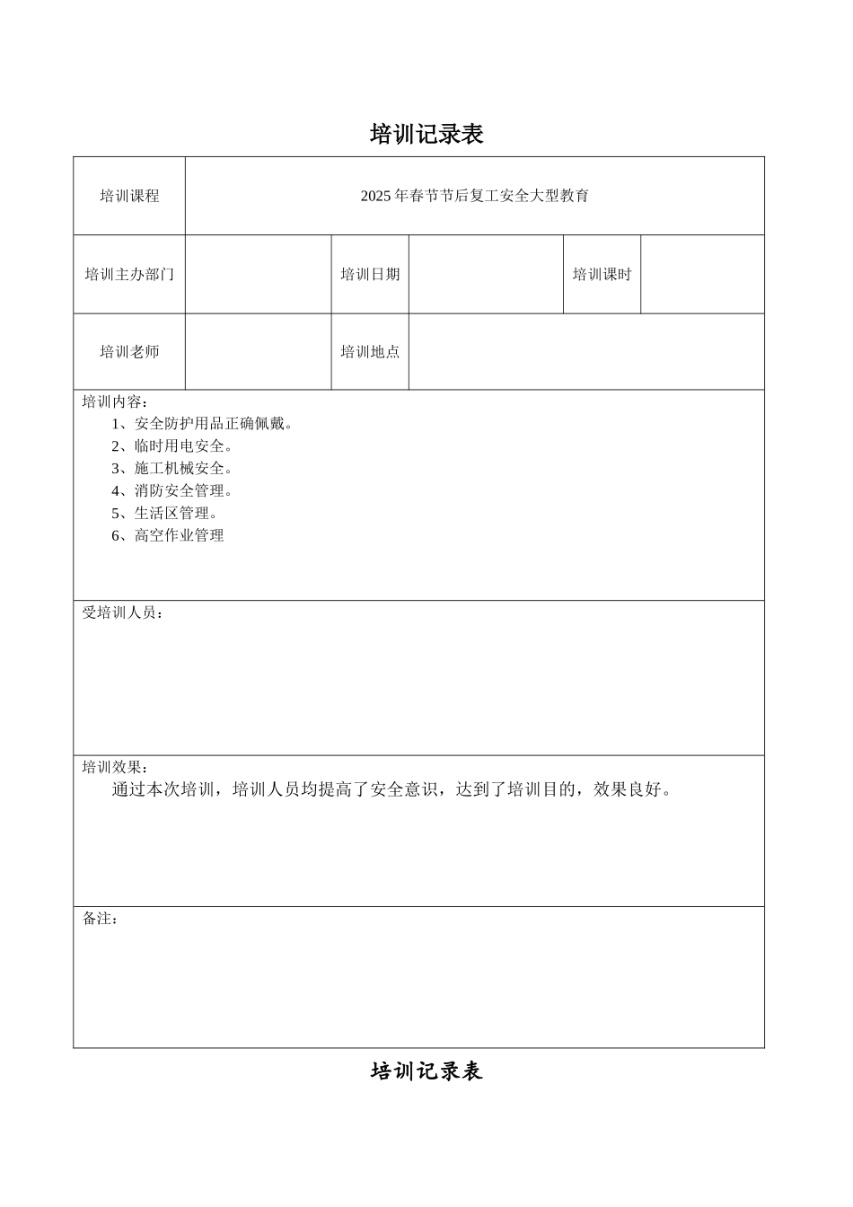 安全生产教育培训记录文本表_第1页