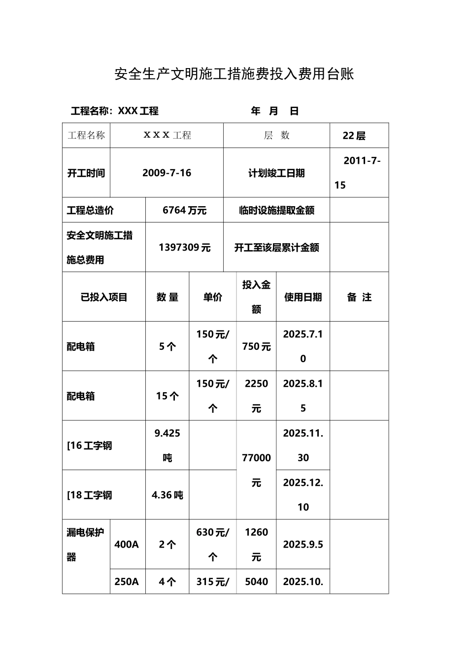 安全生产文明施工措施费投入费用台账_第2页