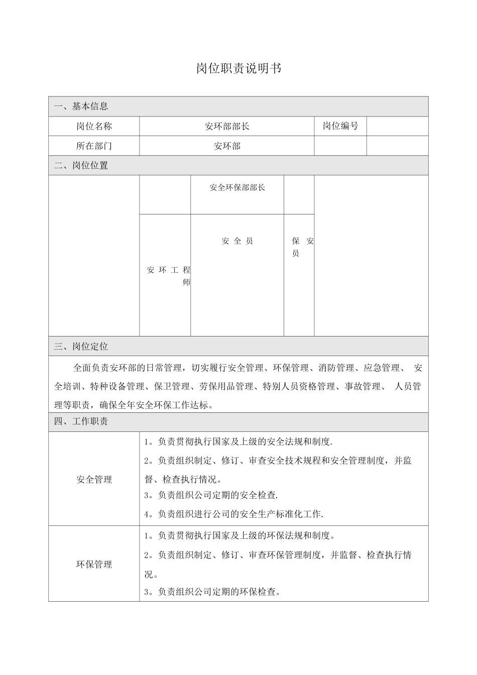安环部长岗位职责说明书_第1页