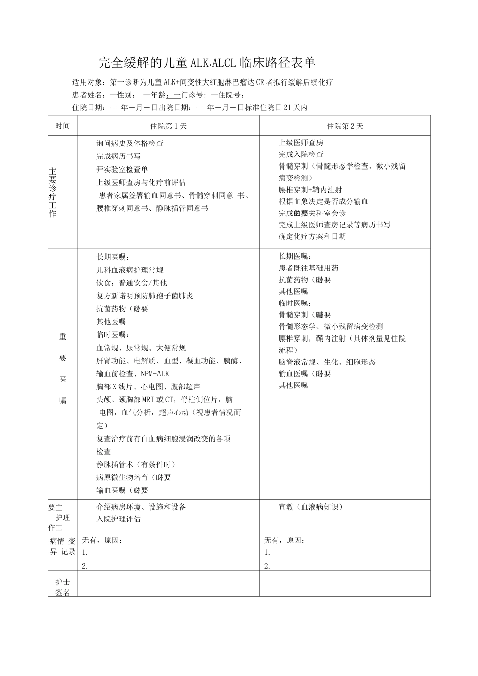 完全缓解的儿童ALK+ALCL临床路径表单_第1页