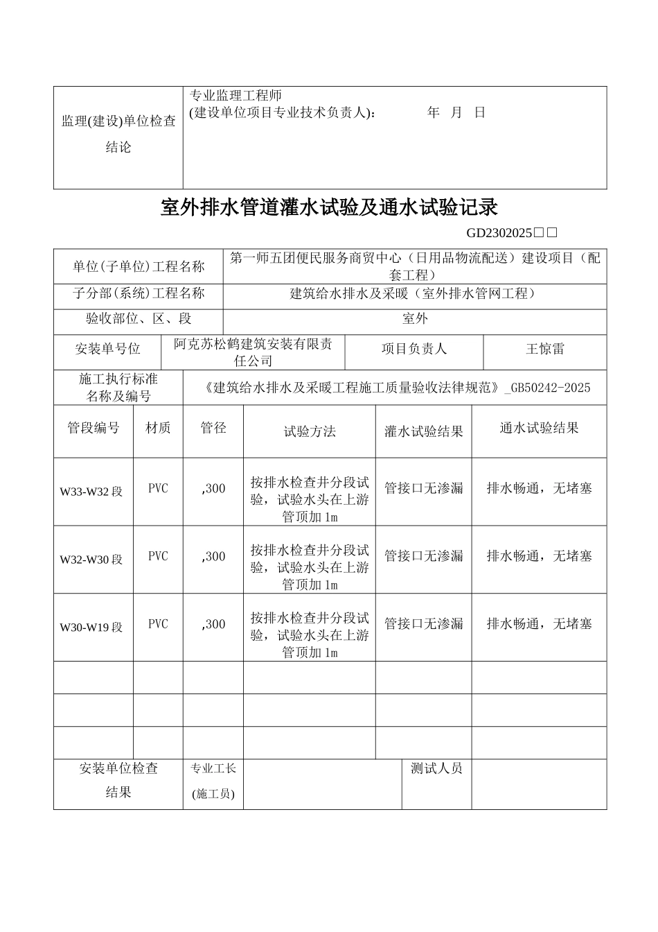 室外排水管道灌水试验及通水试验记录_第2页