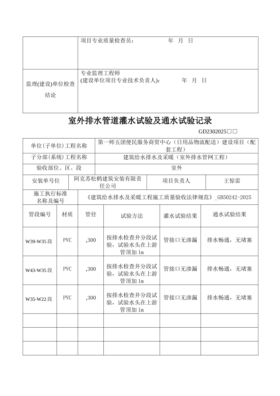 室外排水管道灌水试验及通水试验记录_第3页