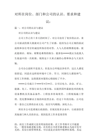 对所在岗位部门和公司的认识要求和建议