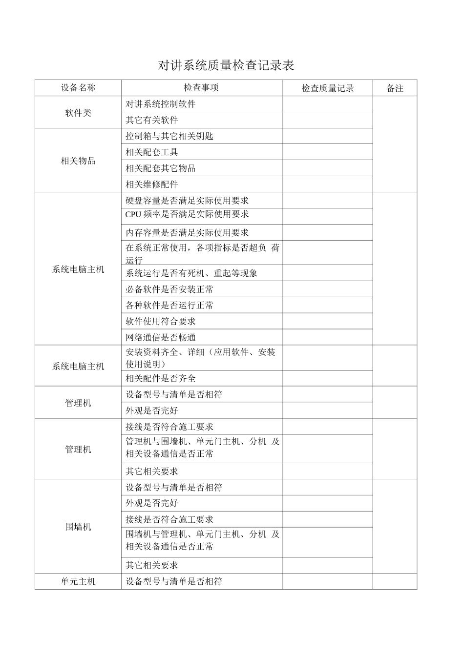 对讲系统质量检查记录表_第1页