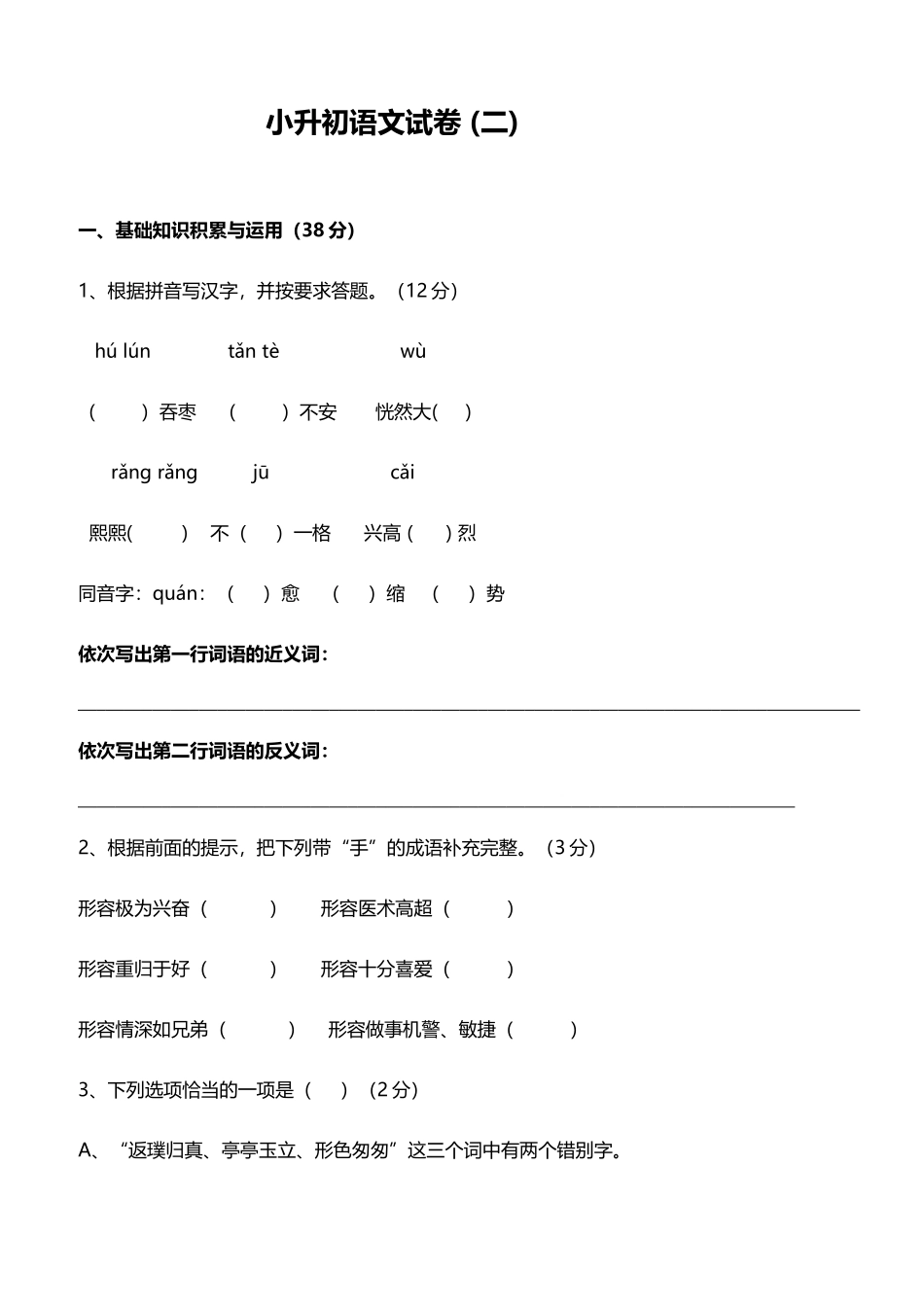 小升初语文试卷_第2页