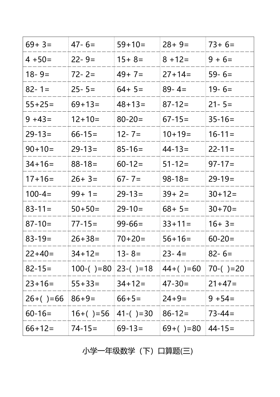 小学一年级下学期数学口算天天练_第3页