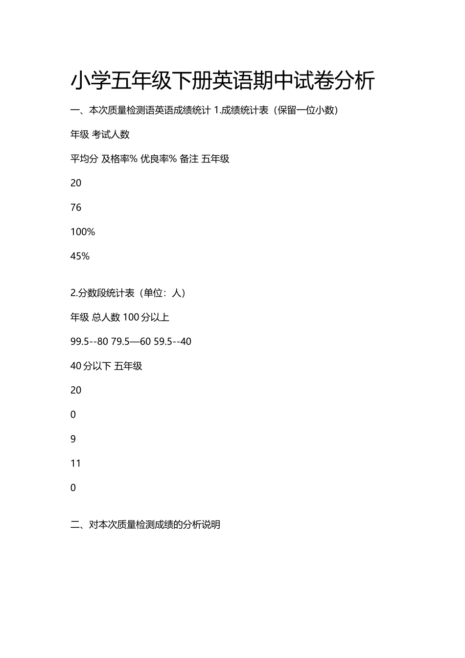 小学五年级上册英语期末试卷分析_第2页