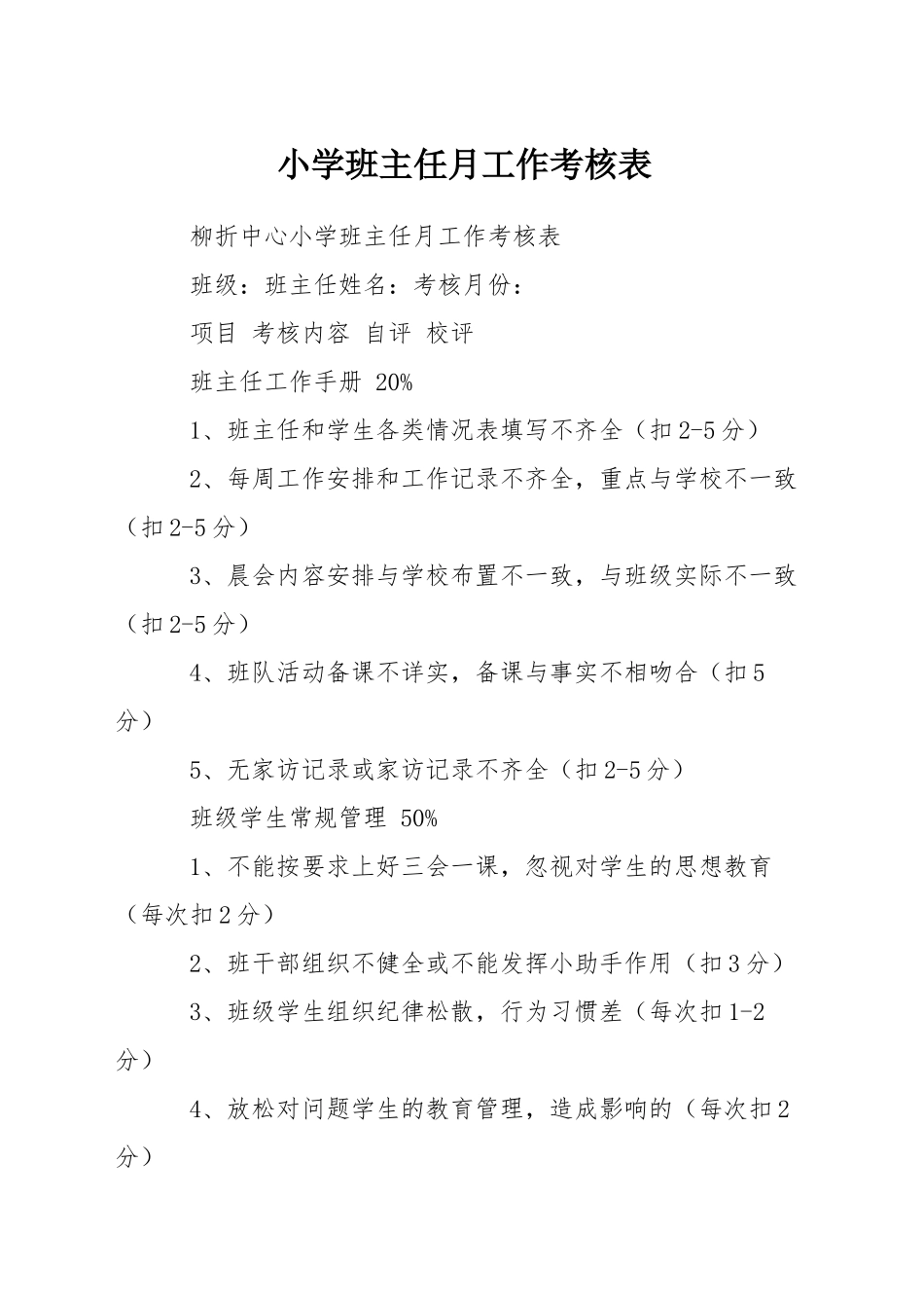 小学班主任月工作考核表_第1页
