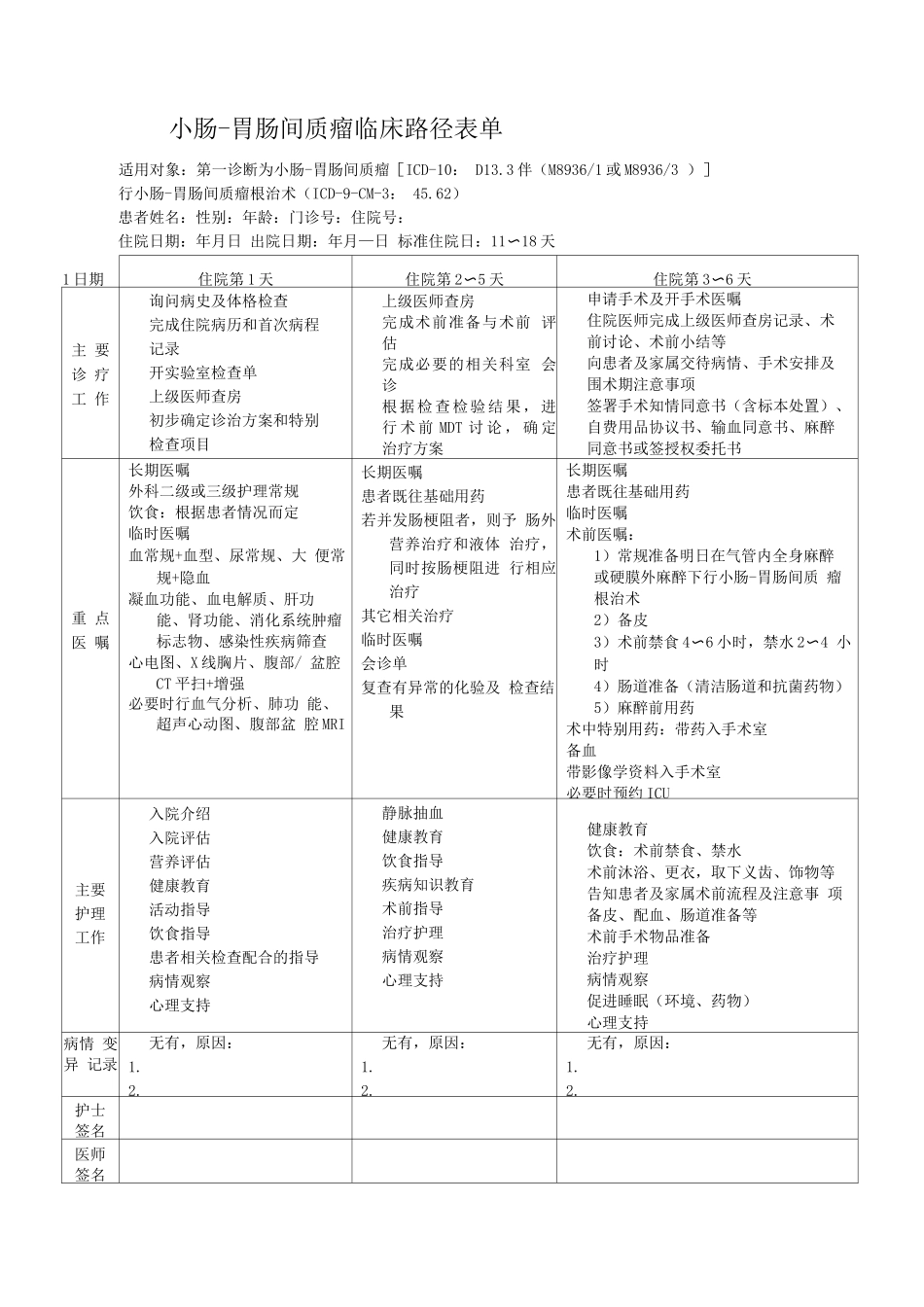 小肠-胃肠间质瘤临床路径表单_第1页