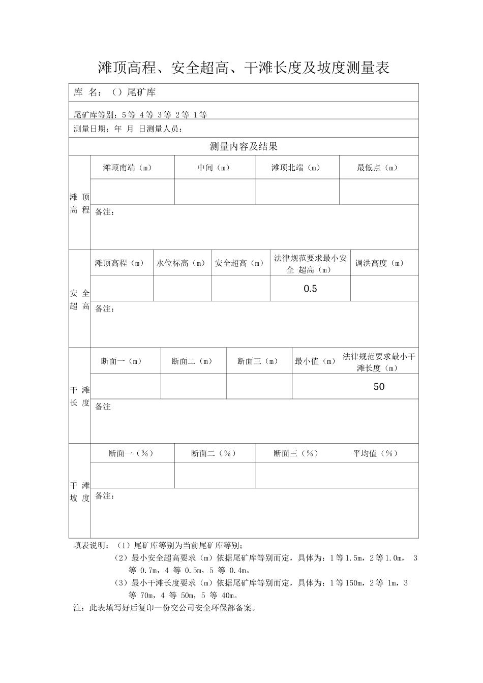 尾矿库滩顶高程、安全超高、干滩长度及坡度测量表_第1页