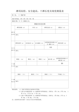 尾矿库滩顶高程、安全超高、干滩长度及坡度测量表
