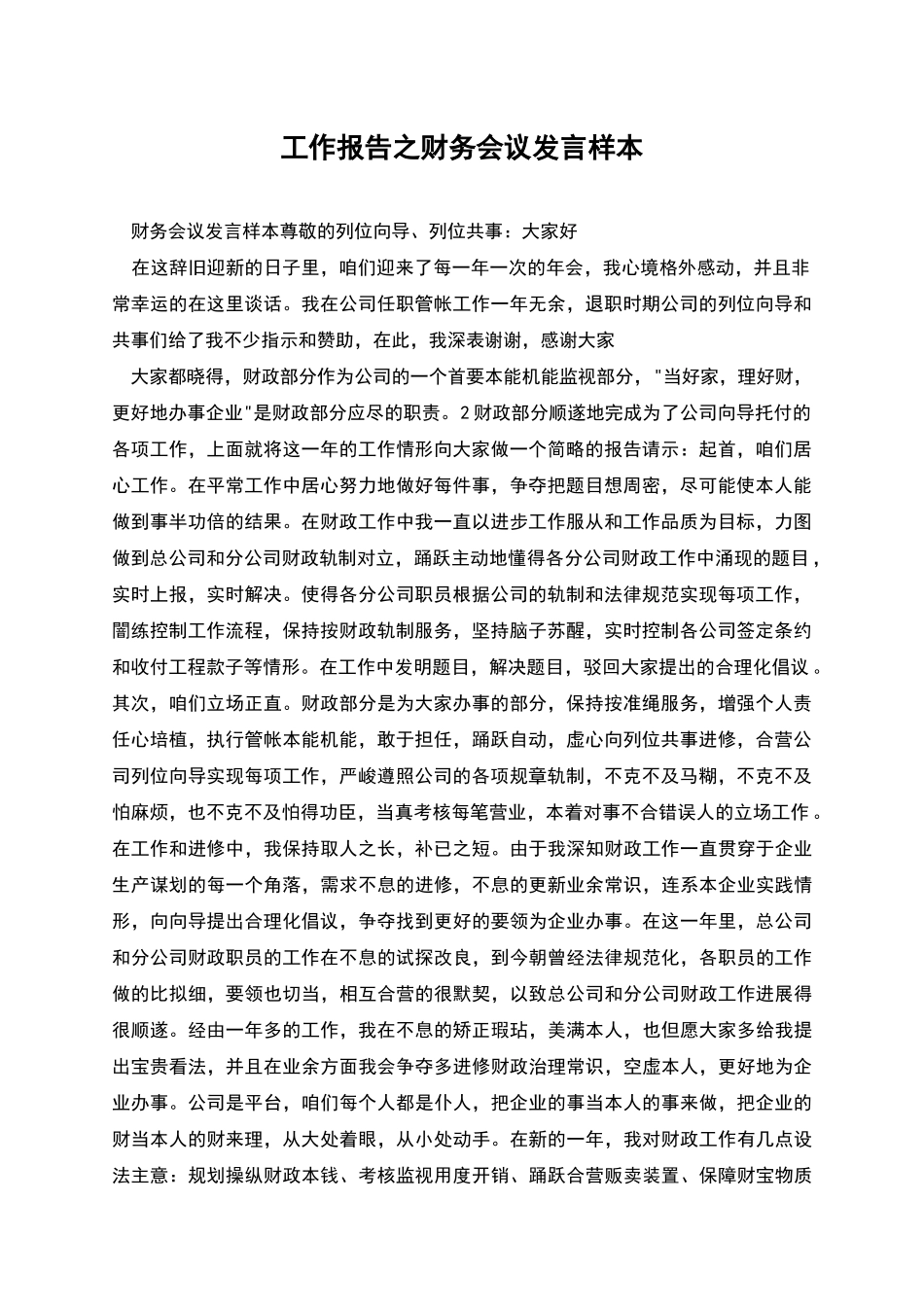 工作报告之财务会议发言样本_第1页