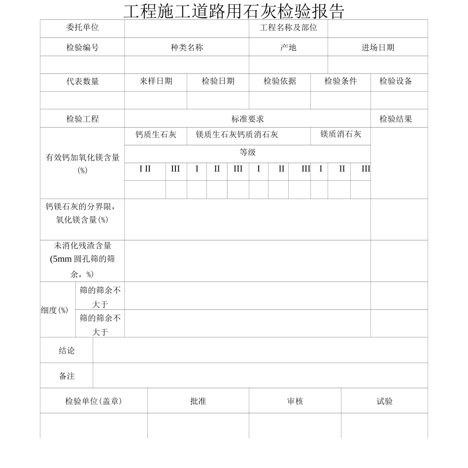 工程施工道路用石灰检验报告_第1页