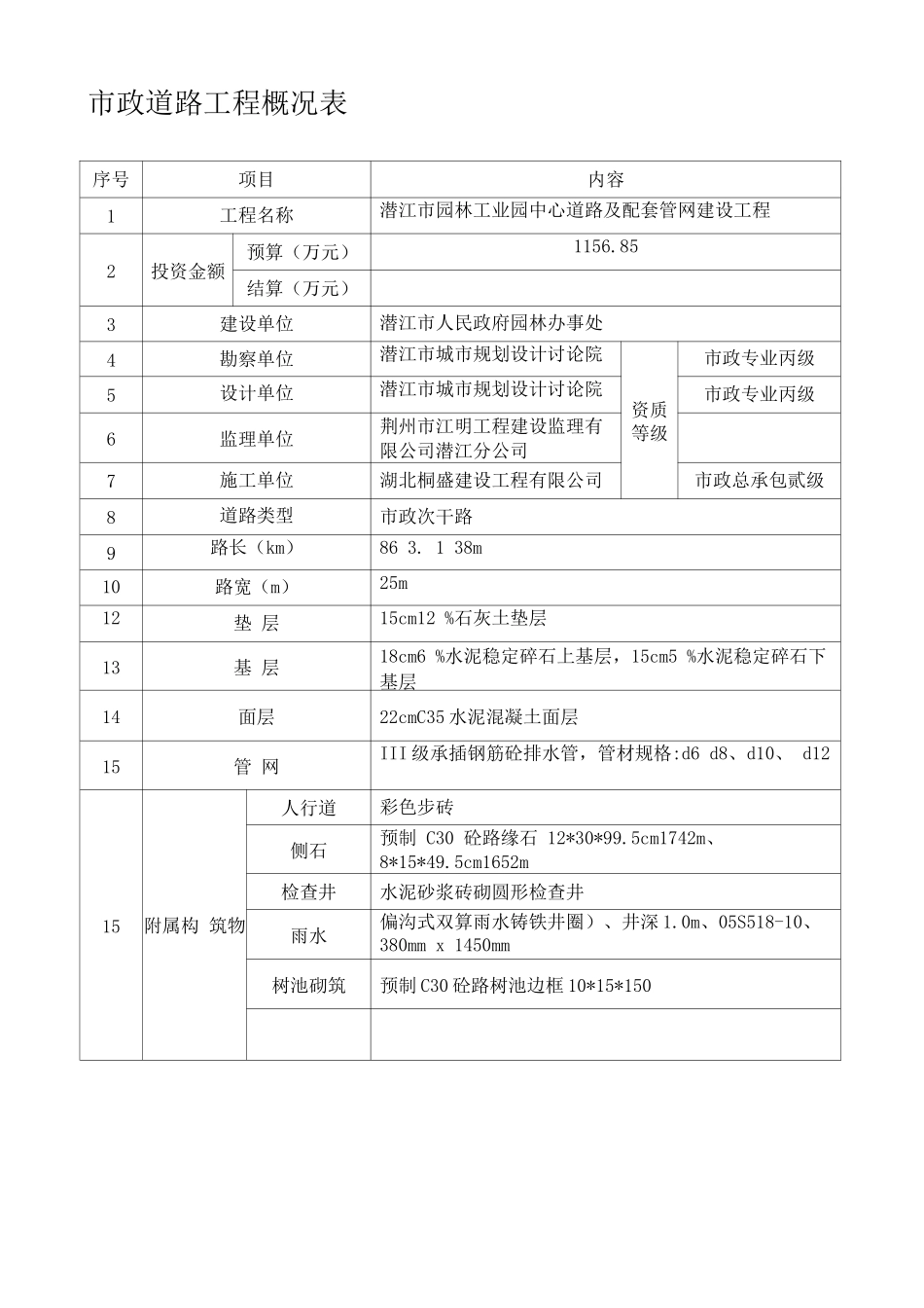 市政道路工程概况表_第1页