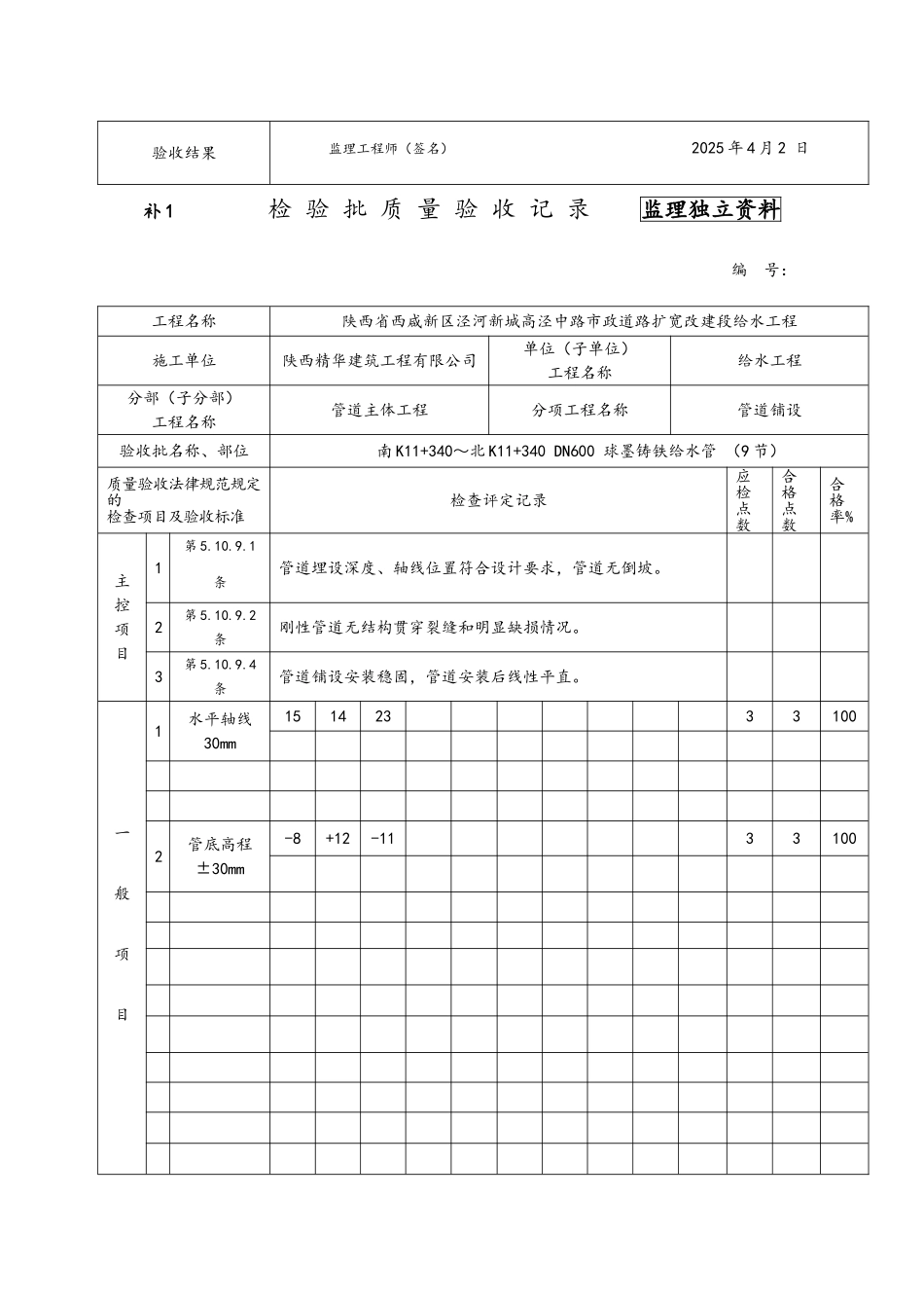 市政道路扩宽改建段给水工程管道铺设检验批质量验收记录_第2页