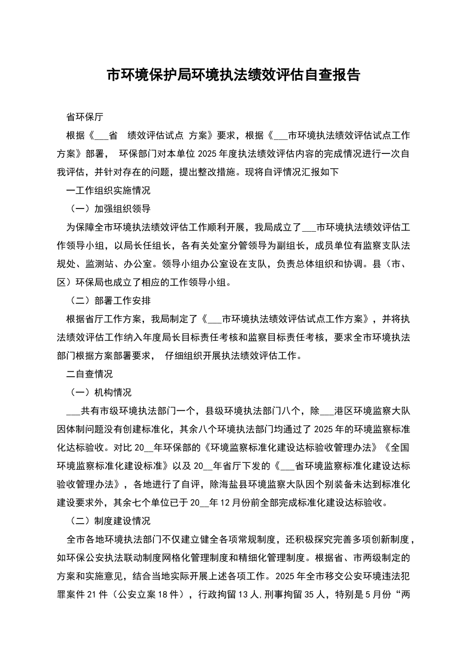 市环境保护局环境执法绩效评估自查报告_第1页