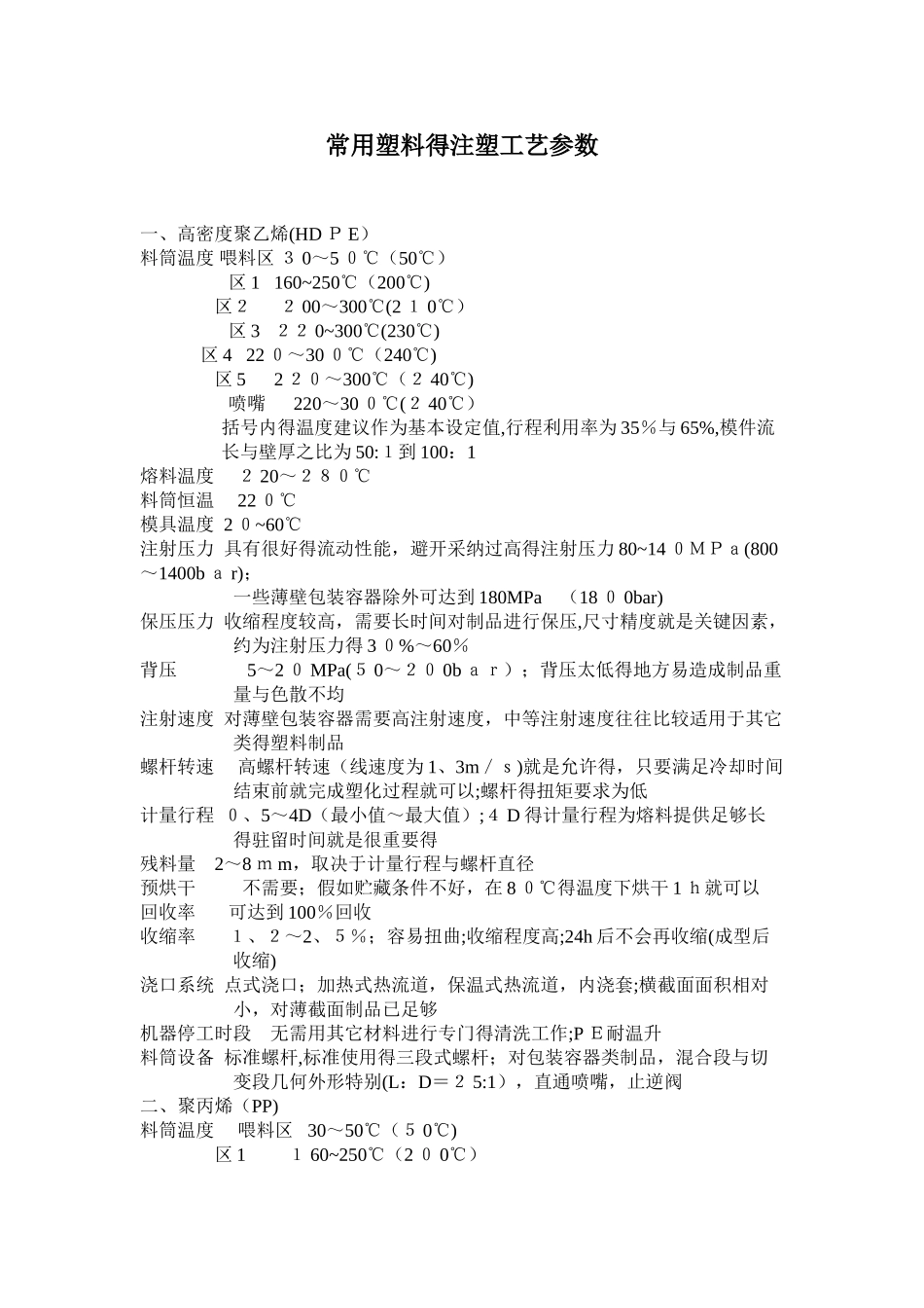 常用注塑工艺参数_第1页