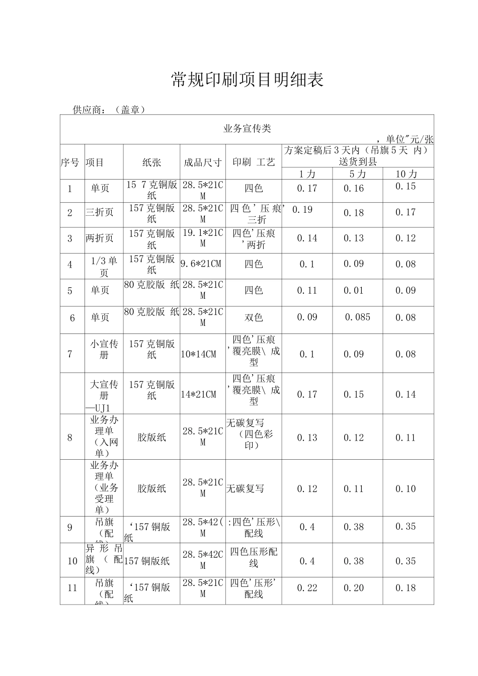 常规印刷项目明细表_第1页