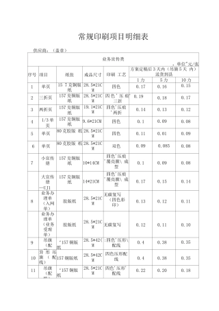 常规印刷项目明细表