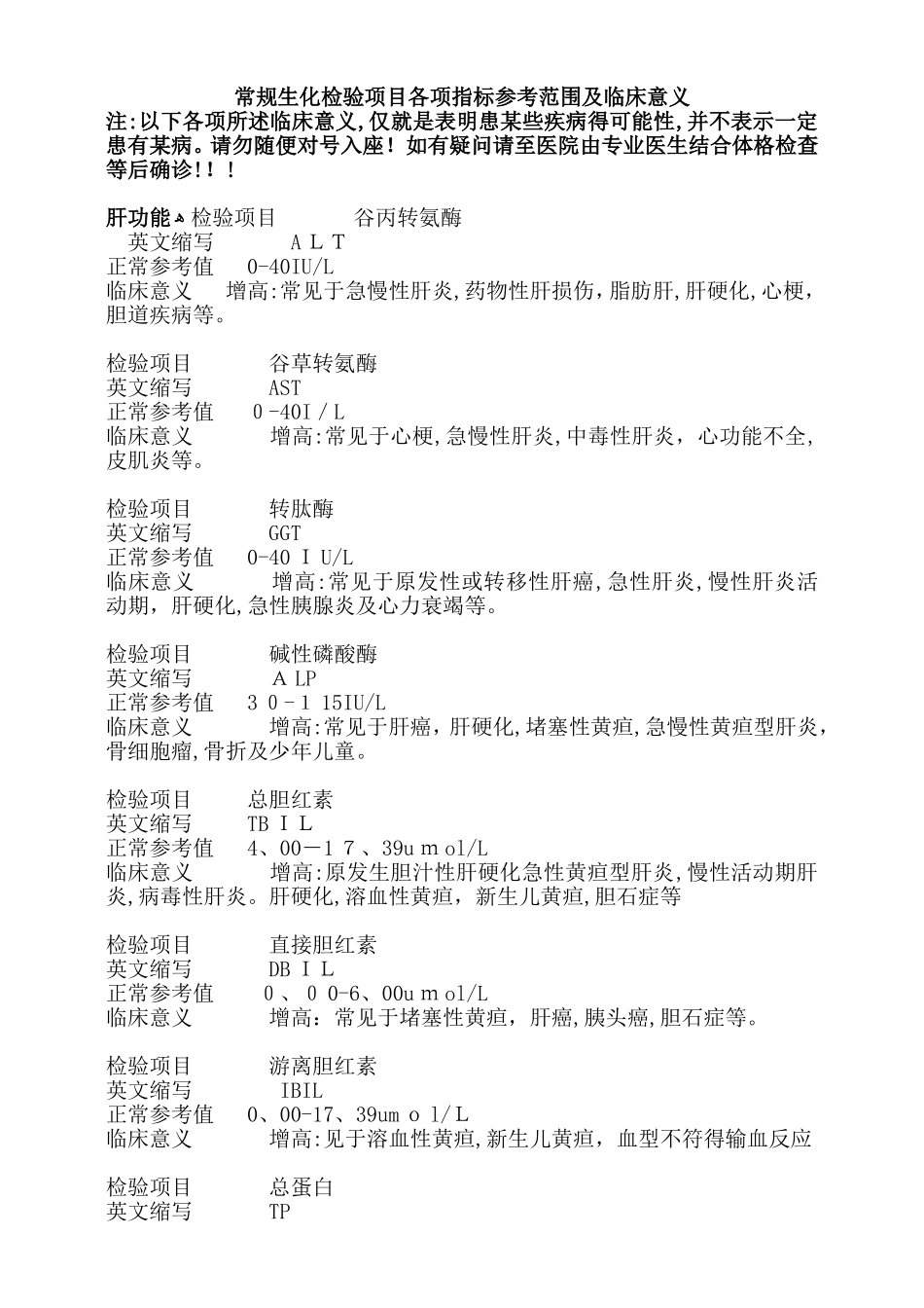 常规生化检验项目各项指标参考范围及临床意义_第1页
