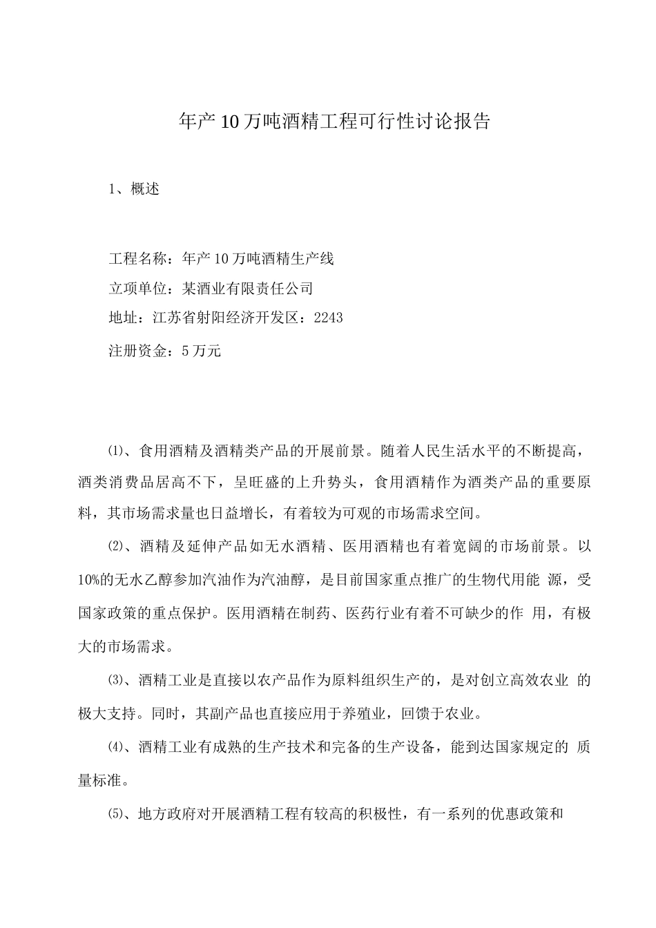 年产10万吨酒精项目可行性研究报告_第1页