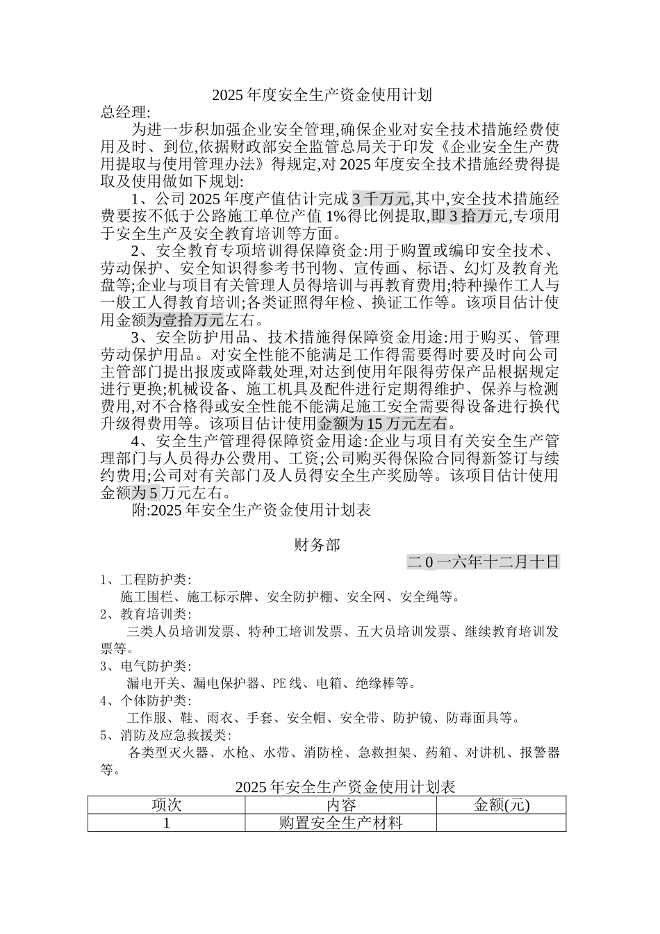 年度安全生产资金使用计划_第1页