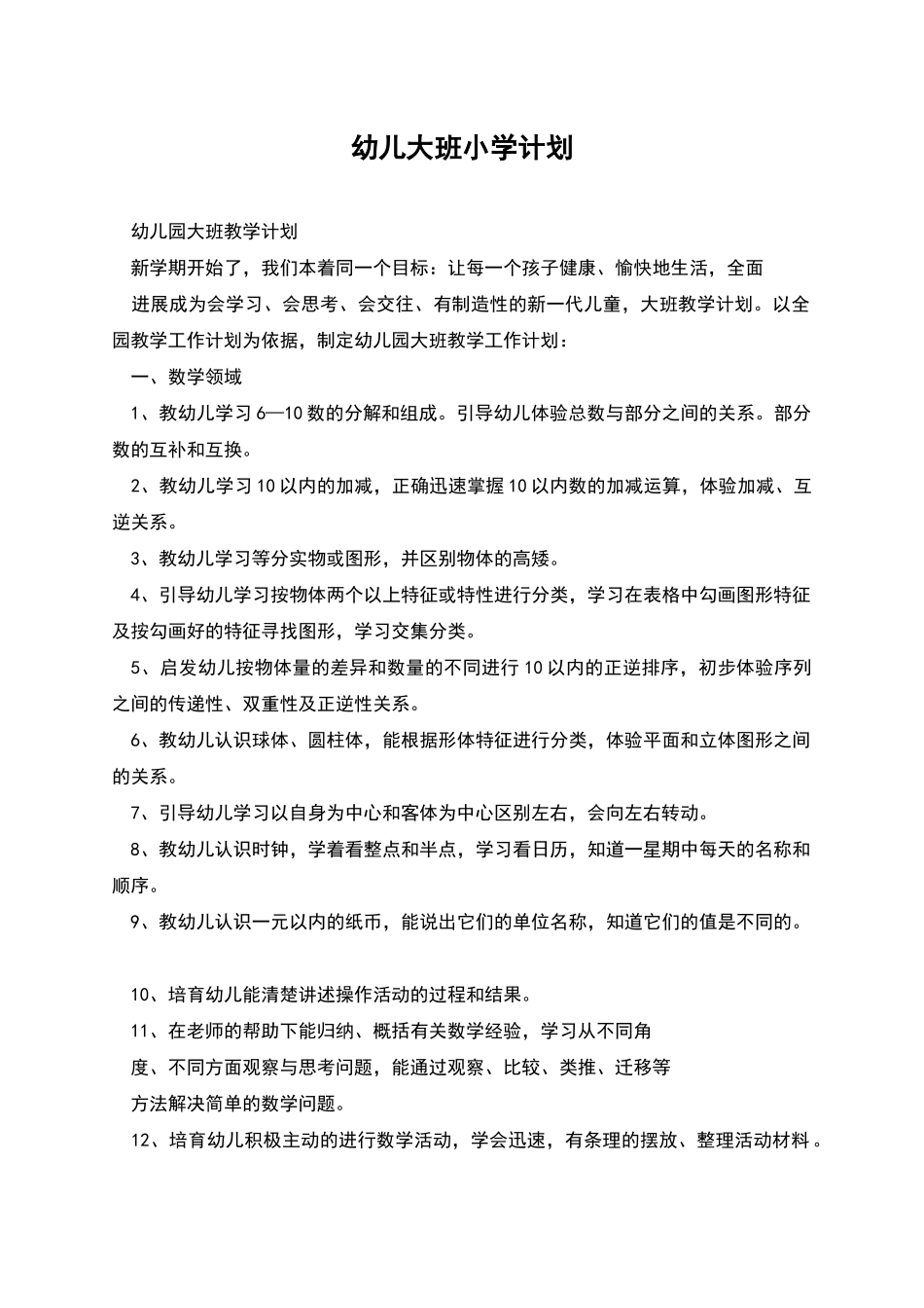 幼儿大班小学计划_第1页