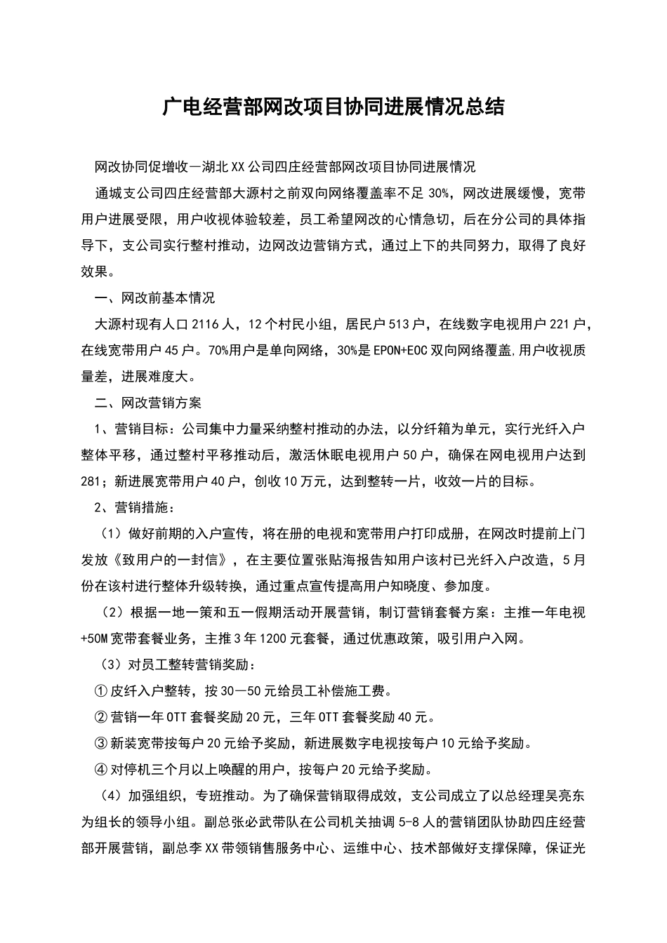 广电经营部网改项目协同发展情况总结_第1页