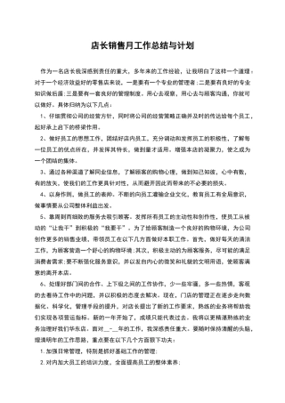 店长销售月工作总结与计划