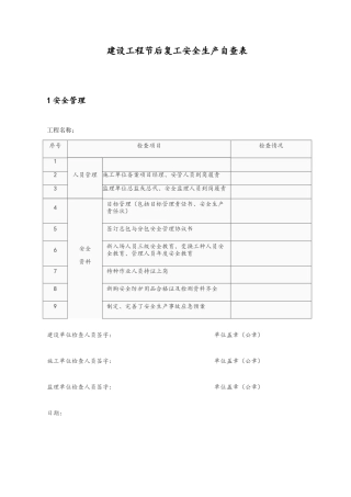 建筑工地节后复工安全生产自查表