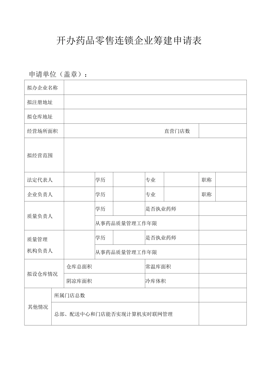 开办药品零售连锁企业筹建申请表_第1页