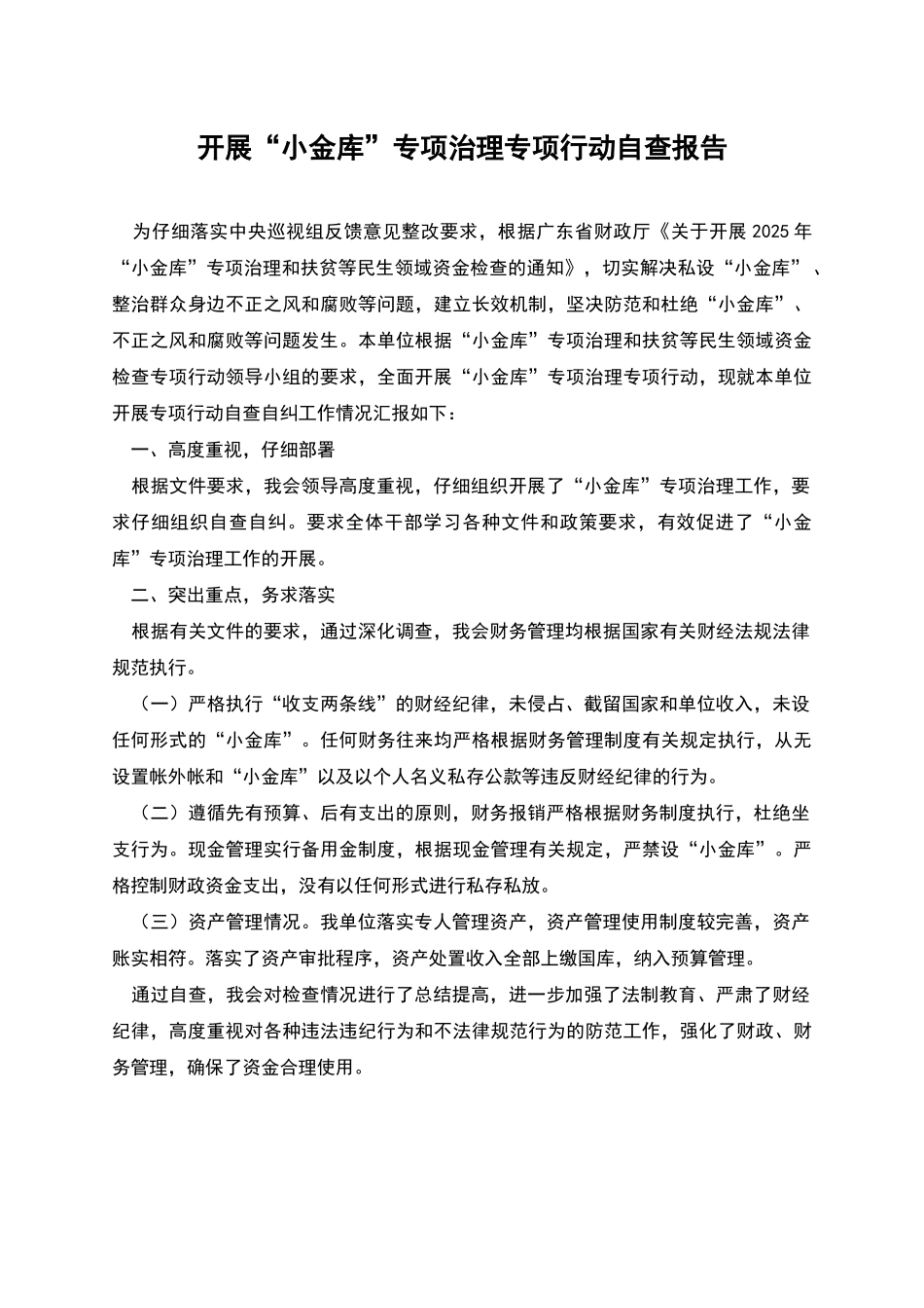 开展“小金库”专项治理专项行动自查报告_第1页