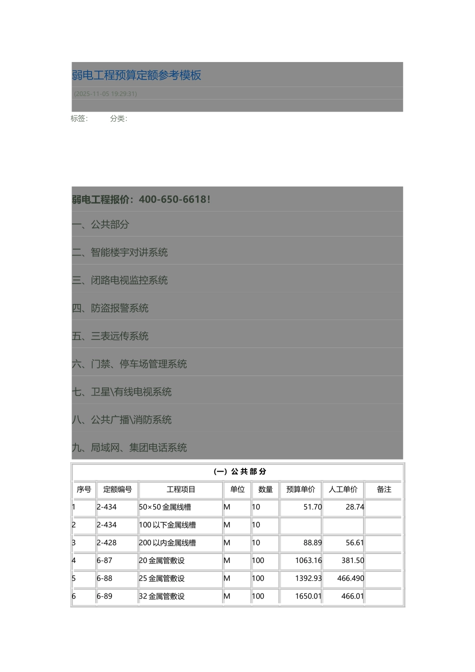 弱电工程预算定额参考模板_第2页