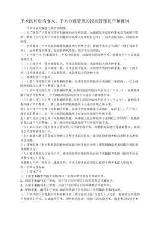 手术医师资格准入、手术分级管理的授权管理程序和机制