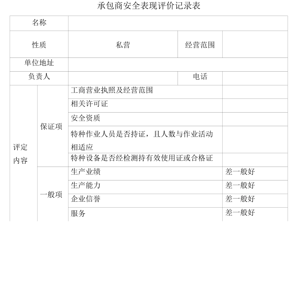 承包商安全表现评价记录表_第1页