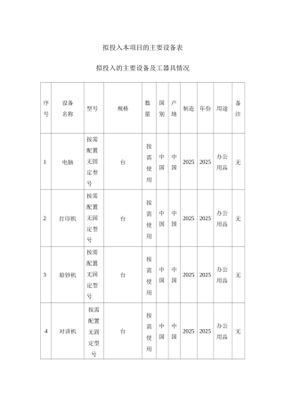 拟投入本项目的主要设备表