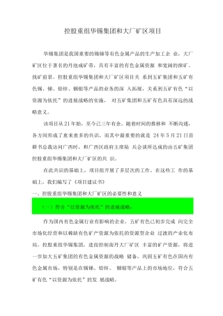控股重组华锡集团和大厂矿区项目可行性研究报告