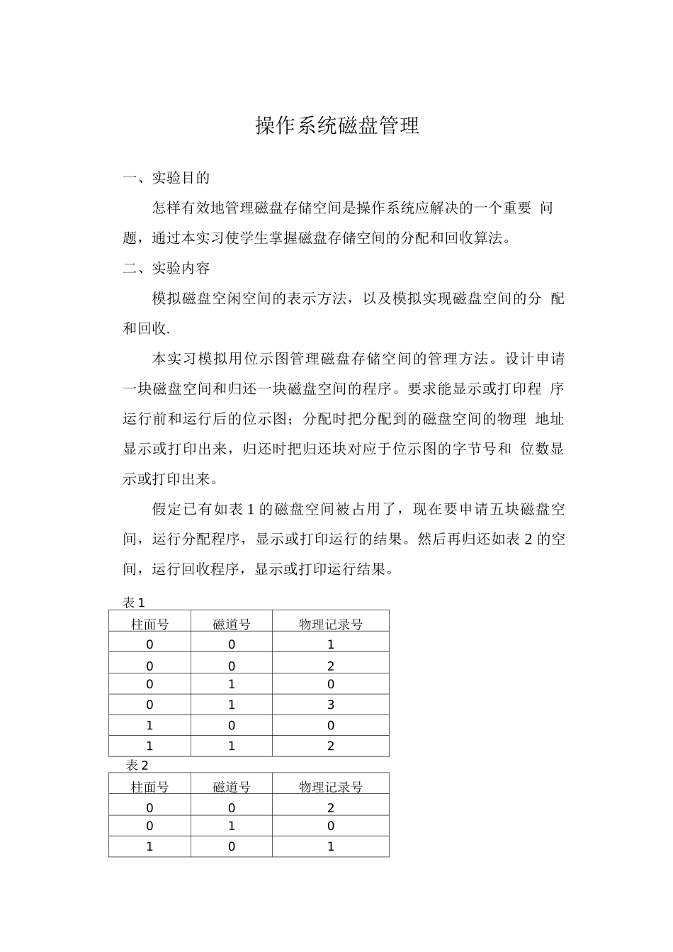 操作系统磁盘空间管理实验报告_第1页