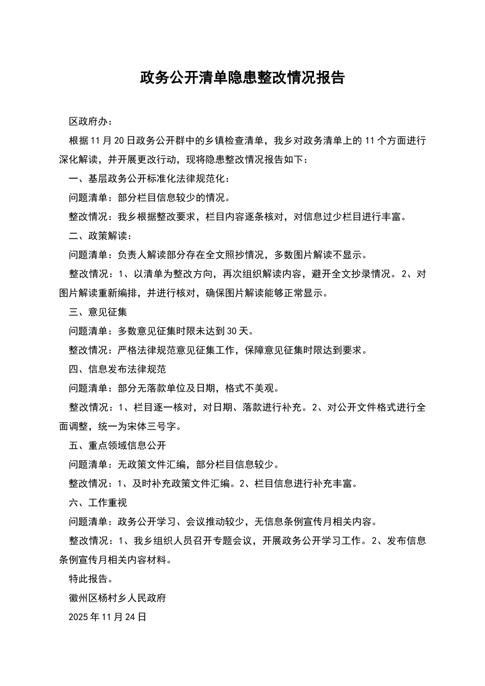 政务公开清单隐患整改情况报告_第1页