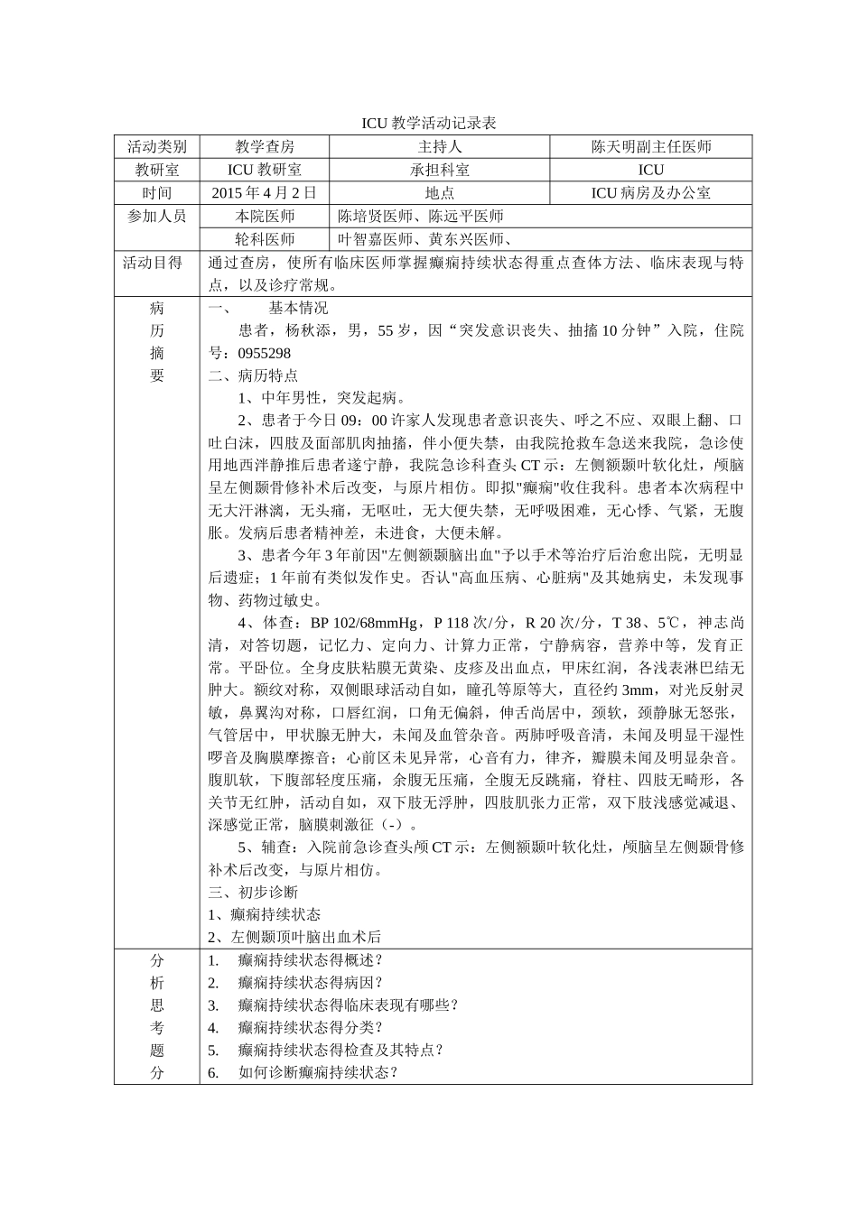 教学查房 癫痫持续状态_第1页