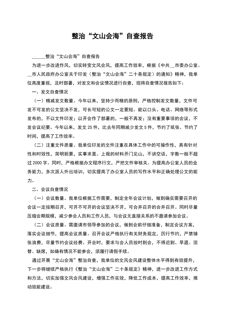 整治“文山会海”自查报告_第1页